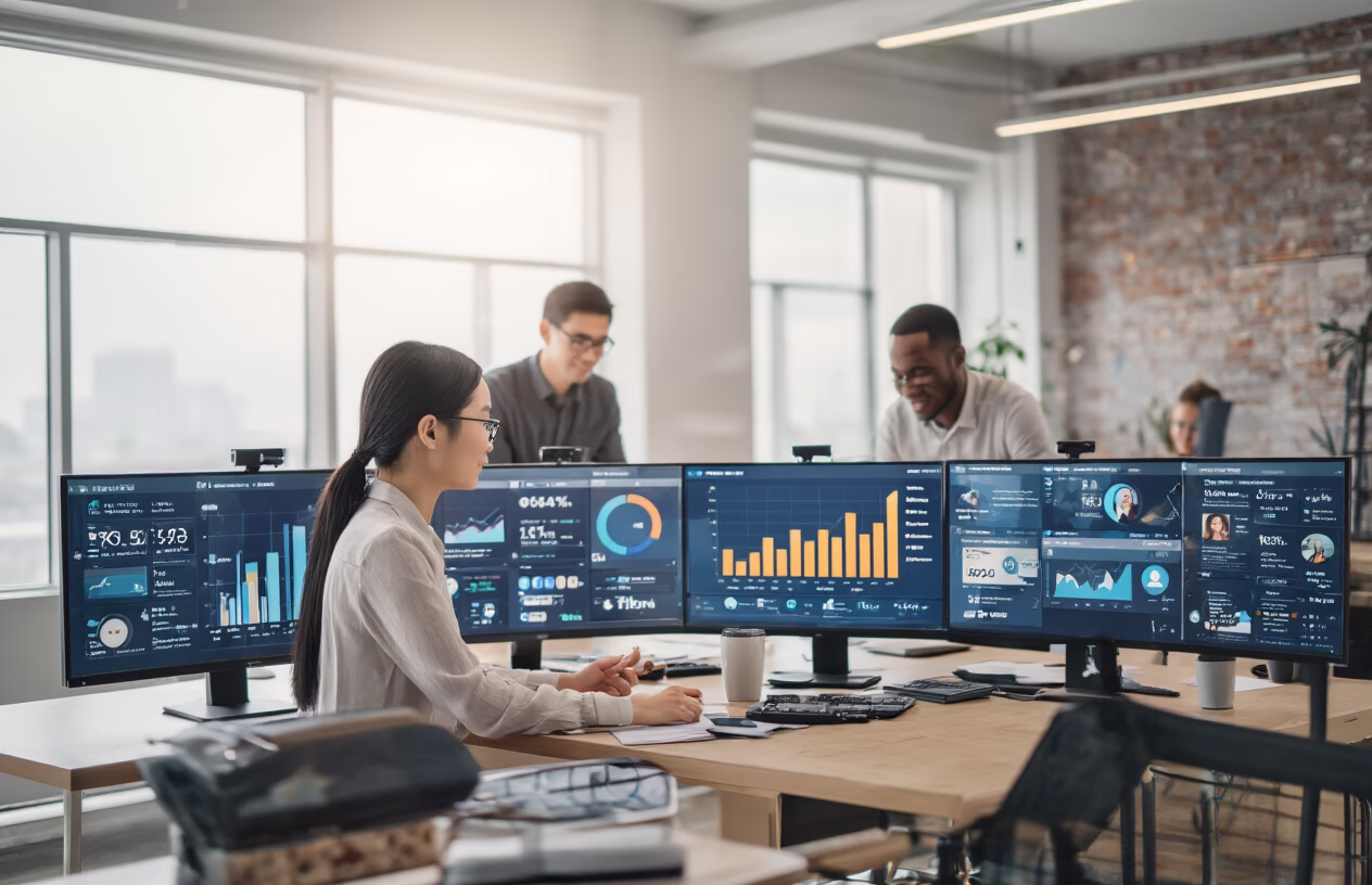 Create a realistic image of a diverse team of business professionals (Asian female, Black male, White female) collaborating around a digital dashboard showing rising business metrics and social media analytics, with multiple screens displaying various social media platforms, in a modern office space with soft natural lighting, conveying success and growth.